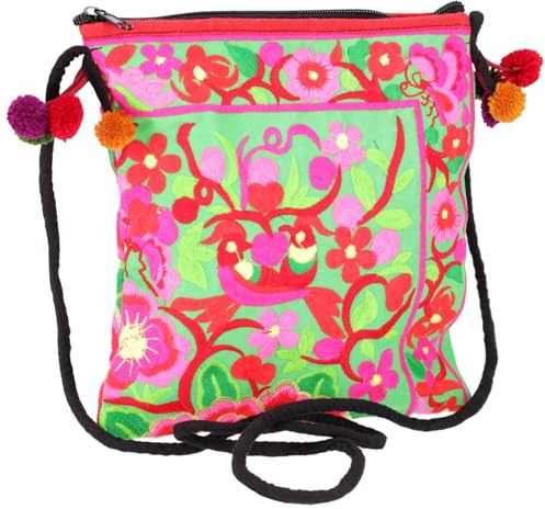 GURU SHOP Schultertasche, Hippie Tasche Chiang Mai, Bestickter Beutel - Grün, Unisex - Erwachsene, 22x20x5 cm