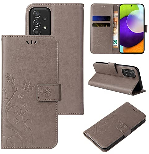 LBH Handy Hülle für Samsung Galaxy A52 / A52 5G / A52s 5G Case Handytasche Schmetterling Blumen Flower Standfunktion Schutzhülle Magnet Rundum Schutz 360 Grad Flipcase Cover Grau
