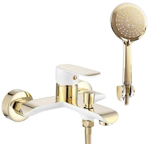 Rea GRIFO DE BAÑERA BLOOM WHITE GOLD Mezclador de bañera con ducha de latón para baño frío y caliente ajustable (dorado/blanco)
