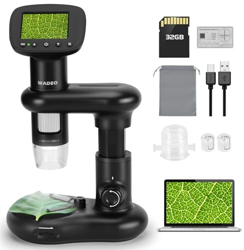 WADEO Handheld-Digitalmikroskop mit 2 LCD-Bildschirm, 1000X Taschenmikroskop für Kinder mit 8 LED-Leuchten, tragbares Mikroskop USB für Erwachsene mit abnehmbarem Ständer und 32GB Speicherkarte
