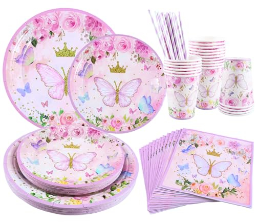 Aitsite Lot de 100 pièces de vaisselle de fête papillon rose pour 20 invités - Assiettes de fête d'anniversaire pour 20 invités