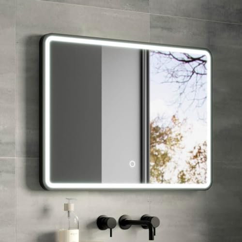 Illuminated Bathroom Mirror with LED Lights 800x600mm IP44 Rated - Kali 3-Colour Dimmable LED Bathroom Mirror with Lights, Demister Pad, Touch Sensor Switch, Black Framed Wall-Mounted Vanity Mirrors