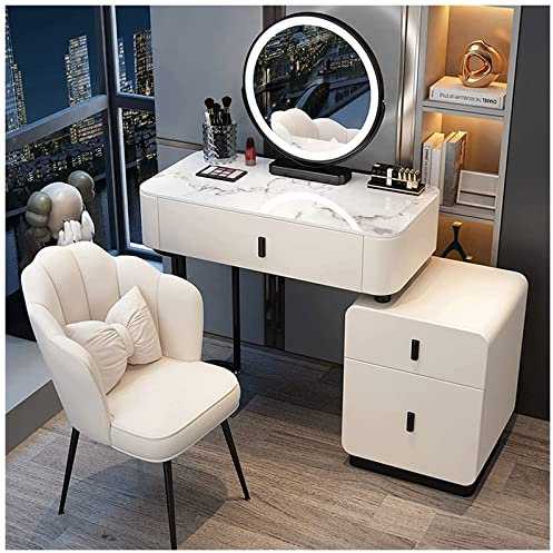 ZUMAHA Stilvoll Nordischer Schminktisch, Schminktisch-Set mit beweglichem Nachttisch, LED-beleuchtetem Spiegel, gepolstertem Hocker, moderner Schminktisch Elegant