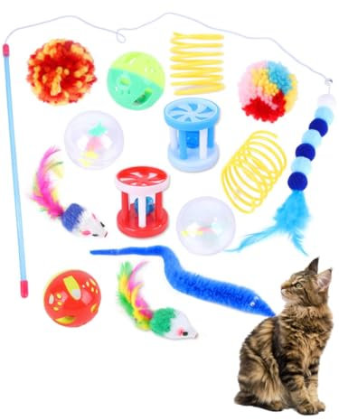 DERDOUT 14 Pcs Cat Toys for Indoor Cats Adults Kitten Toy Interactive Cat Feather Teaser Wand Mouse Spring Toy Cat Toys For Indoor Cats Adult, Interactive Kitten Cat Feather Wand Toys Cat Teaser Toys