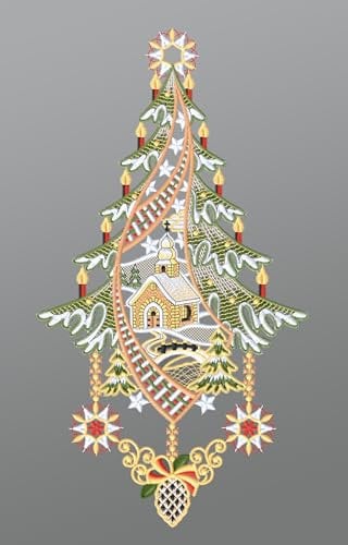 Plauener Spitze Fensterbild Kirche mit Winterlandschaft und Tannenbaum (Bx H) 20cm * 37cm Mehrfarbig Fensterdekoration Fensterschmuck