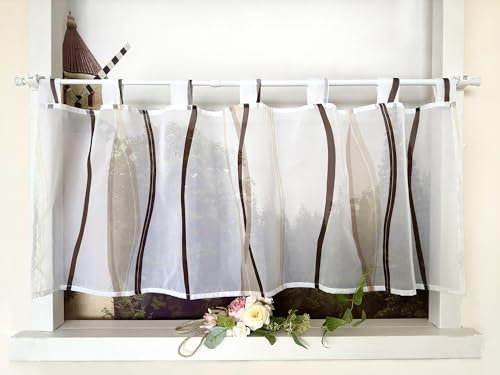 Devola Scheibengardine mit Wellenmuster Gardine Druck Kurzstore mit Schlaufen Küchengardine Kurz Modern Voile Bistrogardine Transparent HxB 45x120cm Kaffee 1 Stück