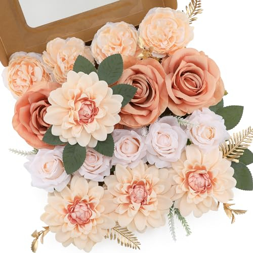 Floweroyal Künstliche Blumen, künstliche Rosen, Dahlie mit Stielen für selbstgemachte Hochzeit, Brautsträuße, Babyparty, Blumenarrangement, Tischdekoration, Heimdekoration (hautfarben)