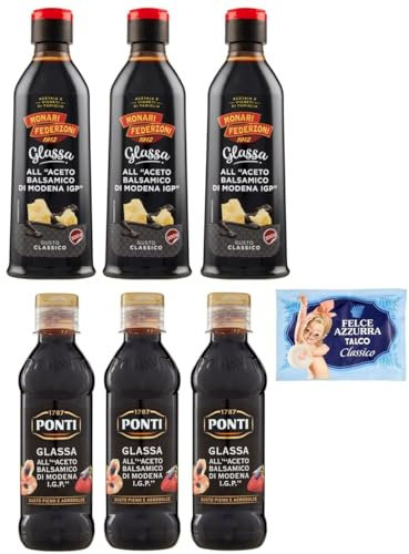 6er-Pack Testpaket Monari Federzoni 300g + Ponti 250g Glassa all'Aceto Balsamico di Modena,Glasur Creme mit Balsamico-Essig aus Modena I.G.P. + 1er-Pack Felce Azzurra Talkumpuder, 100g-Beutel