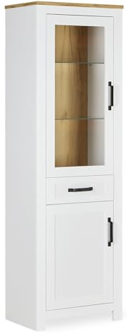 Homestyle4u 2495, Stilvolle Vitrine Highboard in Weiß Eiche Landhausstil 64cm breit mit Schublade Wohnzimmerschrank Glas