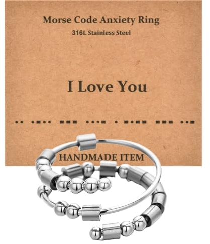 Mezrkuwr Zappelringe gegen Angstzustände, Morsecode-Ringe, Spinnerring, Zappelring, Freundschaftsgeschenke, Angstring mit Schmuckbeutel, Schmuck, Geburtstagsgeschenke