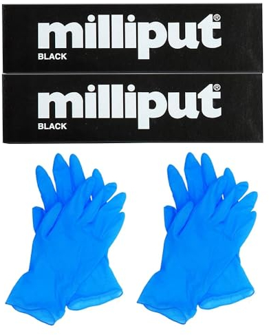 2 x Milliput Black Epoxy Putty With Two Pair of Gloves Strong and Reliable Repair Solution 2 Part Resin Filler Model for Sculpture, Slate, Modelling Plumbing Ceramic Repair