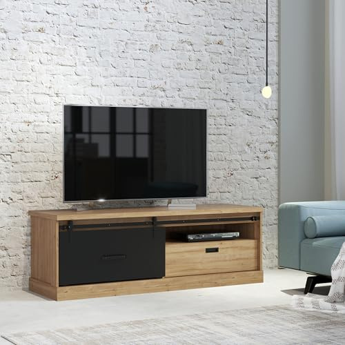 Forte KASZIMIRO TV-Schrank 160 170, modernes TV-Lowboard, 1 Tür, 1 Schublade, Wohnzimmer, Holzwerkstoff, Waterford Eiche Holzdekor/Schwarz, 163,1 cm breit x 56,2 cm hoch x 52,0 cm tief