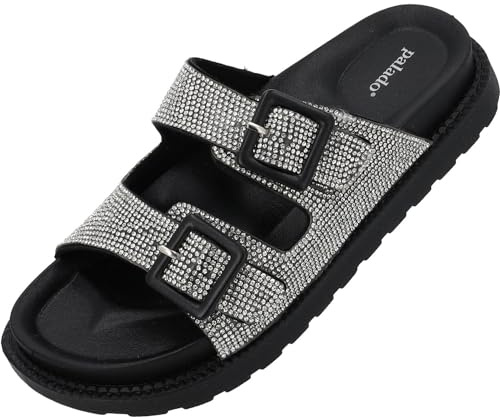 Palado Damen Plateau-Pantoletten Irisa – bequeme Sandalen - Hausschuhe mit Plateau-Sohle - modische Sommerschuhe Silber Strass UK4,5 - EU37
