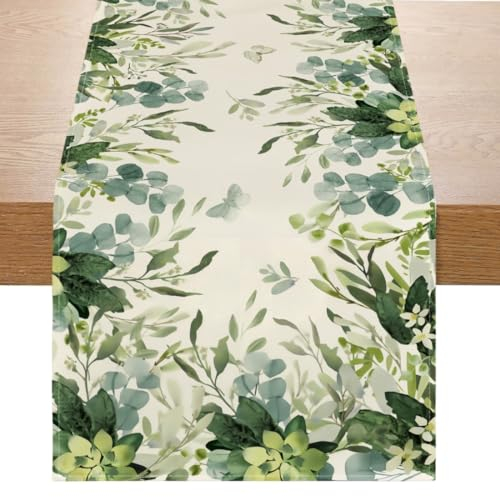 Avoik Camino de mesa de eucalipto de verano, hojas verdes, decoración de centro de mesa para cocina, comedor, fiesta, vacaciones, decoración del hogar, 13 x 72 pulgadas