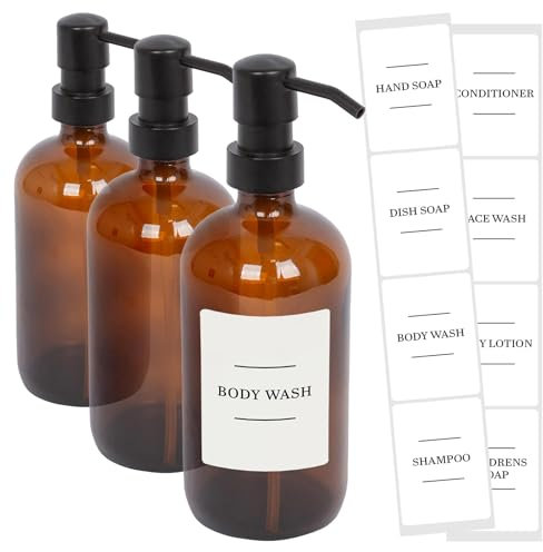 Harbour Housewares Glass Soap Dispensers with Labels Pack of 3-500ml Amber Refillable Bottles with Black Pumps and White Labels - Bathroom and Kitchen Accessories for Hand Wash, Lotion or Sanitiser