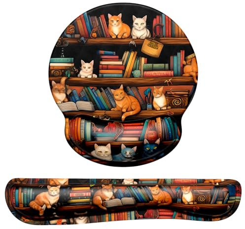 Dapesuom Keyboard Wrist Rest and Mouse Pad with Wrist Support, Cute Memory Foam Cushion for Keyboard and Mouse Set, Ergonomic Pad Rests with Non Slip Base for Easy Typing & Pain Relief, Library Cats