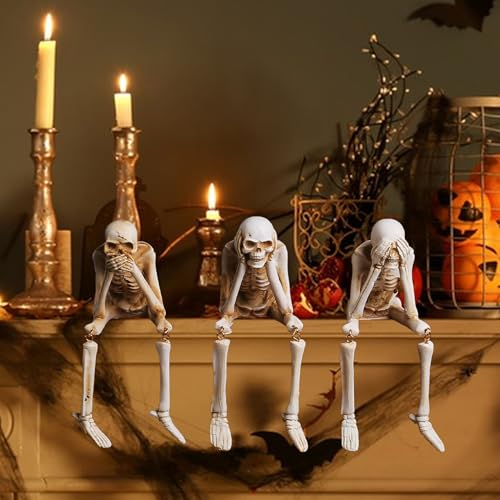 Halloween Deko Skelett mit Beweglichen Gelenken für Halloween Innen Outdoor Garten Haus Patio Dekorationen, Halloween Horror Dekoration Nicht Hinsehen Nicht Zuhören Nicht Sagen (3 Stück)