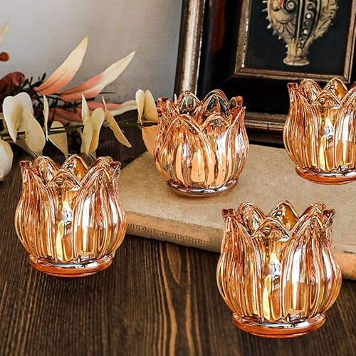 DXQCHDUO Glas-Teelichthalter, Votivkerzenhalter, 4er-Set, Vintage-Teelichthalter, Kristall-Tulpenblume, Kerzenhalter für Hochzeit, Party, Tischdekoration, moderner Kerzenhalter (gelb)