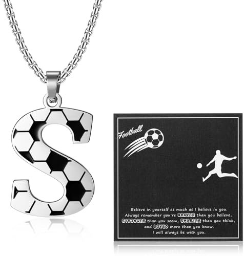 Jadive Fußball Halskette für Frauen Männer Fußball Buchstaben Halskette Zahl mit Karte und Geschenkbox für Fußballspieler Liebhaber Kette Geschenke(Buchstabe S)