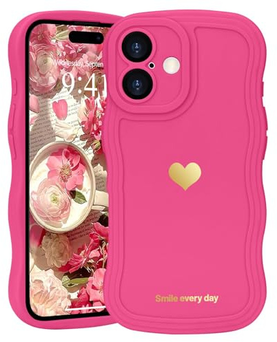 LAPOPNUT Wavy Cute Silicone Phone Case for iPhone 16, Hot pink | Girly Heart Wave Bumper,Aesthetic Cover for Women Girls,Curly Shockproof Raised Camera Protection,Soft Pretty Lovely