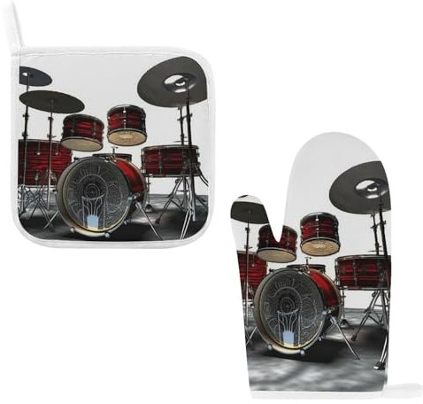Cool Drum Set Ofenhandschuhe und Topflappen, 2er-Set, rutschfest, zum Kochen, Küchenhandschuhe, waschbar, hitzebeständig, Mikrowellenhandschuhe, heiße Pads für Küche Backen