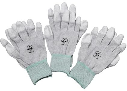 Kill Stat 3 Pairs Antistatic Carbon Fingertip Gloves For PC Building, PU Coated, Non Slip, Reusable, For Electronics PC Computer Phone Repair, ESD Safe, Grey, Large