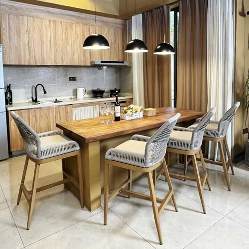 PURPLE LEAF Barhocker 2er Set, Aluminium Gartenstühle mit Armlehnen und Rückenlehne, Outdoor Barhocker Rattan, Wetterfest, Barstuhl mit Gepolsterte Sitze, Böhmischer Stil, für Garten, Küchen