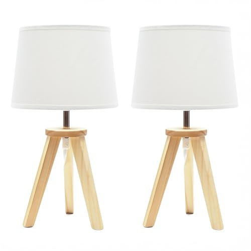 ValueLights | Pair of - Natural Wood Tripod Table Lamp with Linen Tapered Lampshade Living Room Bedside Light - LED Bulbs Included | Table Lamps & Home Improvements Essential