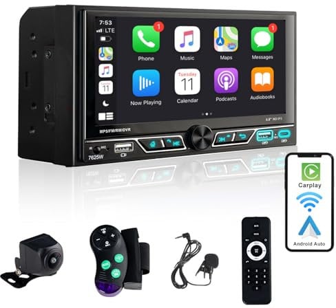 Alondy Radio Coche 2 DIN Bluetooth con Pantalla táctil de 6,8 Compatible con Apple CarPlay/Android Auto Wireless inalámbrico Cámara de visión Trasera Am/FM/RDS Radio Tipo-C USB Carga rápida de 2.1A