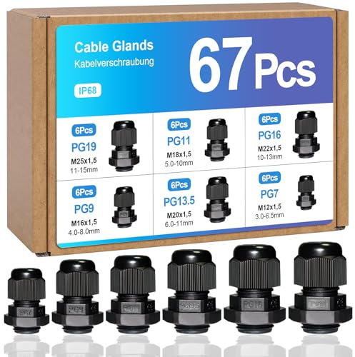67 Pcs Adjustable Cable Glands, IP68 Waterproof Adjustable 3-15mm Cable Connectors PG7 PG9 PG11 PG13.5 PG16 PG19 Plastic Nylon Cable Connectors Gland Joints Locknut Stuffing Glands Black