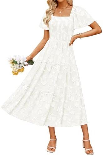 ZESICA Women‘s Summer Boho Floral Midi Dress 2026 Casual Short Sleeve Square Neck Flowy Beach Vacation Long Dress,White,Medium