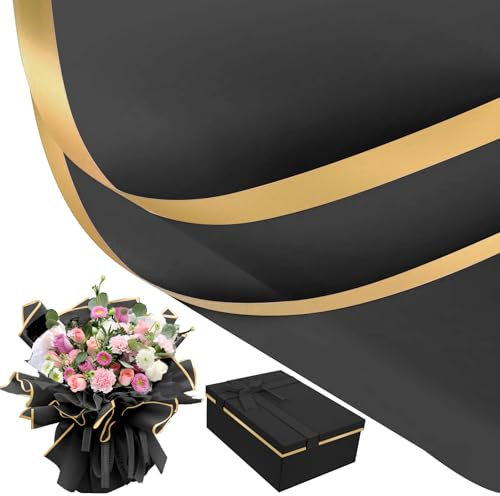 YADOBIG 20 Blatt Blumenstrauß Geschenkpapier, Wasserdicht Blumenpapier, Blumen Papier mit Goldrand, Bouquet Papier für Geschenkverpackungen, Blumen, Kunst(Schwarz, 58x58cm)