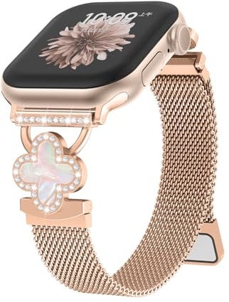 Milanese Magnetic Strap for Apple Watch Straps SE/2 40mm 44mm 42mm 38mm 41mm 46mm 45mm Women,Thin Bling Clover Bracelet Metal Replacement Bands for iWatch Seriers 10 9 8 7 6 5 4 3 Ultra Strap 49mm