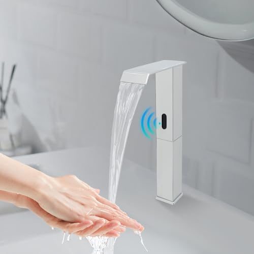 KiwiHood Automatische Infrarot Sensorarmatur Schwarz 31 cm Hoch Berührungslose Waschbeckenarmatur Mit Wasserfall Auslauf und Einstellbarem Temperaturventil für Küche und Badezimmer (Silber)