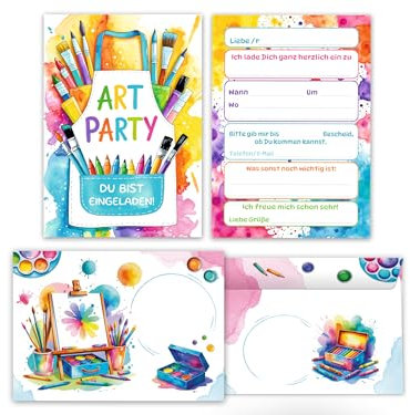 12 Einladungskarten inkl. 12 Umschläge zum Kindergeburtstag Mädchen Jungen Art Kreativ-Party Malparty Kunst Basteln DIY Künstlerparty Kinder Einladungen Geburtstag Geburtstagseinladungen Kids
