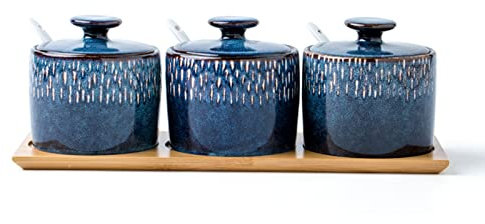 IUokLU Zuccheriera Blu Scuro con Coperchio zuccheriera Giapponese con Cielo Stellato Contenitore per Zucchero Barattolo per spezie Barattolo per condimenti - Blu,Blu Scuro - Set da 3 con Vassoio