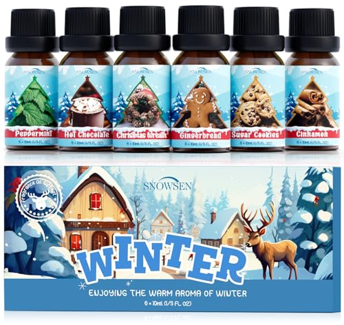 SNOWSEN Winter Essential Oils Gift Set, Holiday Aromatherapy Oils for Diffuser, Cinnamon, Christmas Wreath, Gingerbread, Sugar Cookies, Hot Chocolate, Peppermint Candle Scents for Candle Making