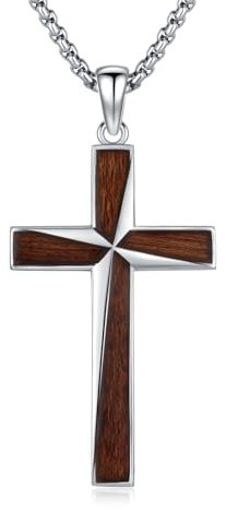 MEDWISE Holzkreuz Kette für Herren S925er Sterlingsilber Natürlicher Ebenholz Kreuz Anhänger Kreuz Halsketten Schutz Amulett Schmuck Geschenke für Männer Frauen Vater Ehemann Freund Frau