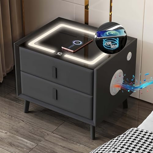 GXSDYYDS Bedside Table, Bedside Cabinet with Bluetooth Speaker & Wireless Charging, Smart Side Table with LED Light, Bedside Drawers, End Tables for Bedroom (Pro, Grey)