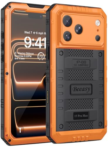 Beeasy Cover per iPhone 17 Pro Max IP68 Impermeabile Custodia Militare Antiurto Resistente 360° Metallo Armor Protezione Schermo Integrata Rugged Indistruttibile Subacquea Antipolvere Arancione