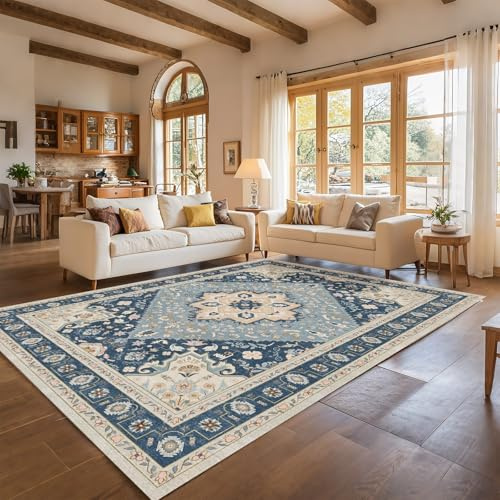 HiChiclife Teppich Wohnzimmer 240x340 Blau – Waschbar & rutschfest, Orientalischer Vintage Teppich XXL Großformat, Pflegeleicht Kurzflor