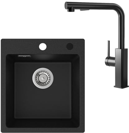 CECIPA Lavello in granito nero, 40 x 45 cm, con rubinetto da cucina, estraibile, set per lavello da cucina, rettangolare, da incasso, in granito, certificato TÜV, lavabo da cucina con scarico e