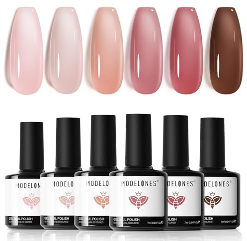Modelones halvpermanent nagellack, halvpermanent UV-gellack, rosa, nude/brun, röd, 6 färger nagellack soak-off gellack fransk manikyr