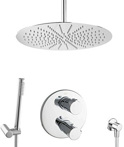 PaulGurkes Unterputz Duschsystem XXL 40cm mit Thermostat Komplettset Tropenwalddusche Kopfbrause Duschset einbaufertig Messing Deckenarm Edelstahl rund