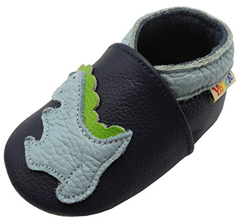 YALION Premium Weich Leder Babyschuhe Krabbelschuhe Lauflernschuhe Hausschuhe mit Dinosaurier Marineblau, EU 25/26=XXL