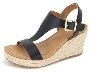 Kenneth Cole REACTION Women's T-Strap Wedge Sandal, Black, 7.5 M US