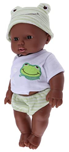 Perfeclan 30 cm Dunkelhäutige WeichkörperSpielzeugpuppe Afrikanische Neugeborene SpielzeugSpielzeugpuppe BabySpielzeugpuppe mit Kleidung, Babypuppe mit Schlafaugen für Kinder ab 3 Jahren, Grün