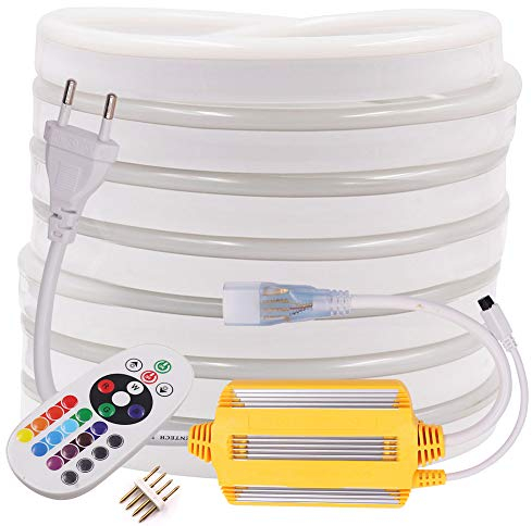 XUNATA 15M RGB LED Neon Streifen, 220V RGB 5050 IP65 Wasserdicht Dimmbares Diffusion Flexibles LED Lichtschlauch mit Wasserdicht Controller+24Tasten IR-Fernbedienung