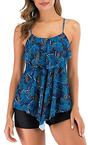 FLYILY Maillot de Bain 2 Pièces Femme Tankini Ensembles à Volants Maillot Haut Imprimé avec Short de Garçon(BlueLeaf,XXL)