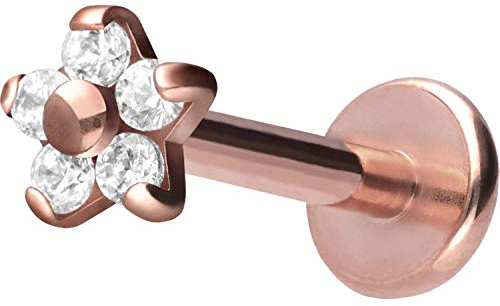 PIERCINGLINE TItan Labret Stecker Gewinde BLUME + 5 KRISTALLE Piercing Ohr Lippe Nase Roségoldfarben 1,2 x 5 mm